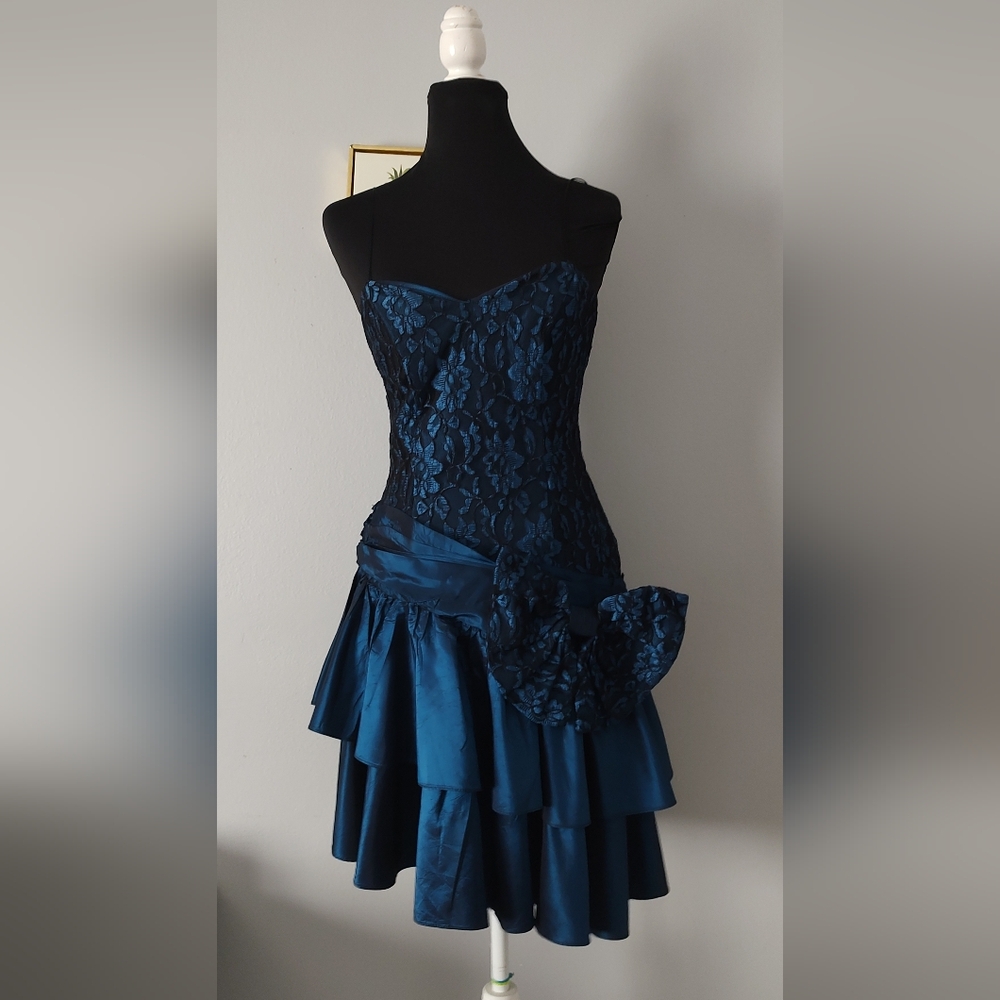 All that Jazz Girls Strapless Dress Vintage Color Night Blue Taffeta Size 9-10